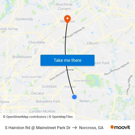 S Hairston Rd @ Mainstreet Park Dr to Norcross, GA map