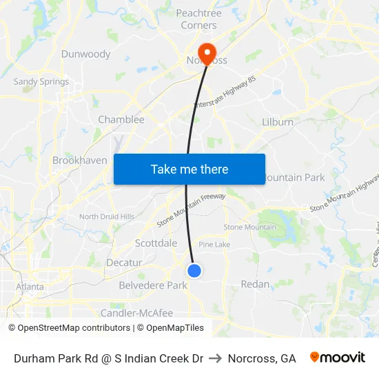 Durham Park Rd @ S Indian Creek Dr to Norcross, GA map