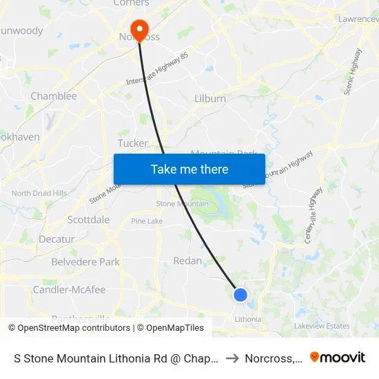 S Stone Mountain Lithonia Rd @ Chapman Rd to Norcross, GA map