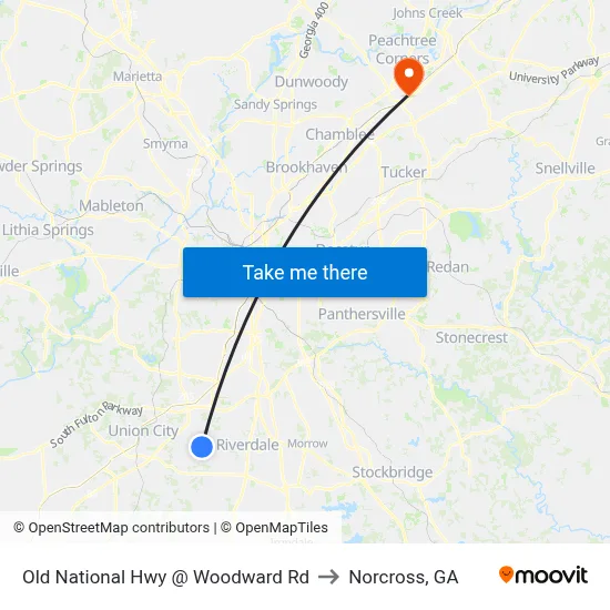 Old National Hwy @ Woodward Rd to Norcross, GA map