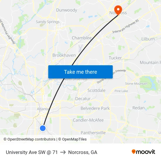 University Ave SW @ 71 to Norcross, GA map