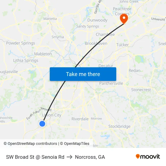 SW Broad St @ Senoia Rd to Norcross, GA map