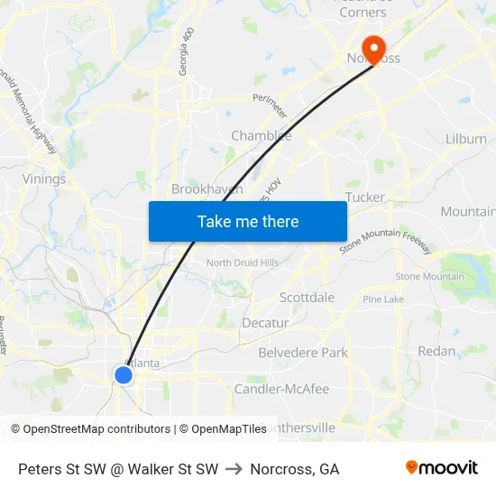 Peters St SW @ Walker St SW to Norcross, GA map