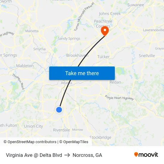 Virginia Ave @ Delta Blvd to Norcross, GA map