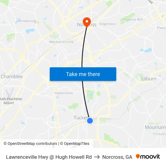 Lawrenceville Hwy @ Hugh Howell Rd to Norcross, GA map