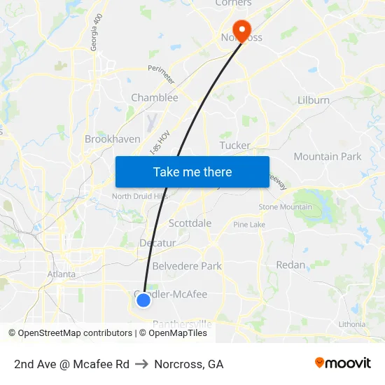 2nd Ave @ Mcafee Rd to Norcross, GA map