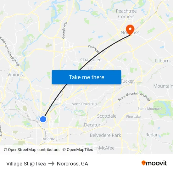 Village St @ Ikea to Norcross, GA map