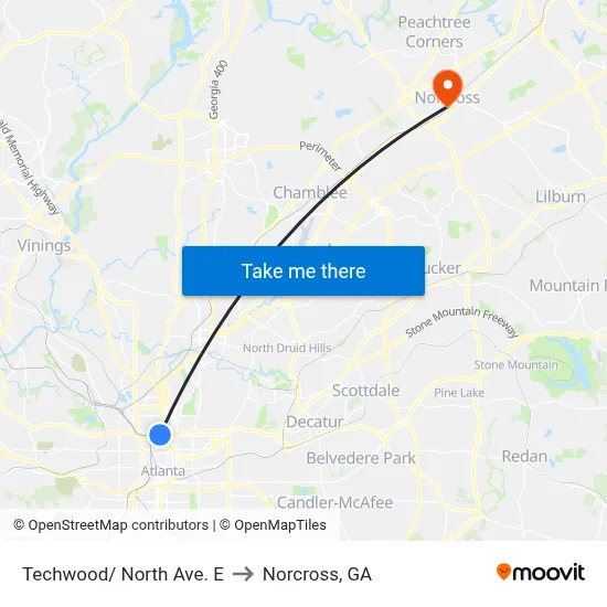 Techwood/ North Ave. E to Norcross, GA map