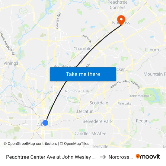 Peachtree Center Ave at John Wesley Dobbs Ave to Norcross, GA map