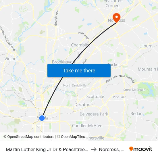 Martin Luther King Jr Dr & Peachtree St to Norcross, GA map