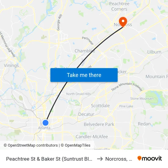 Peachtree St & Baker St (Suntrust Bldg) to Norcross, GA map