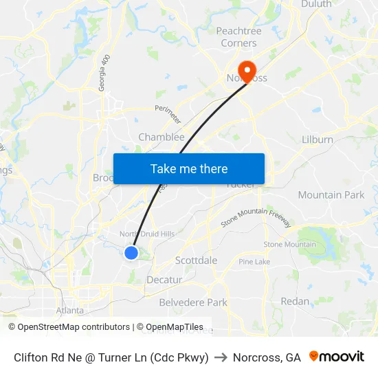 Clifton Rd Ne @ Turner Ln (Cdc Pkwy) to Norcross, GA map