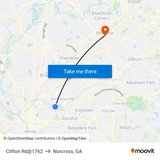 Clifton Rd@1762 to Norcross, GA map