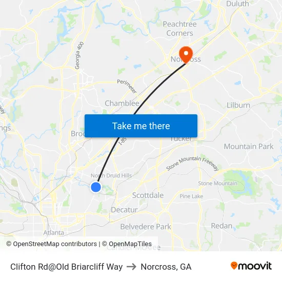 Clifton Rd@Old Briarcliff Way to Norcross, GA map