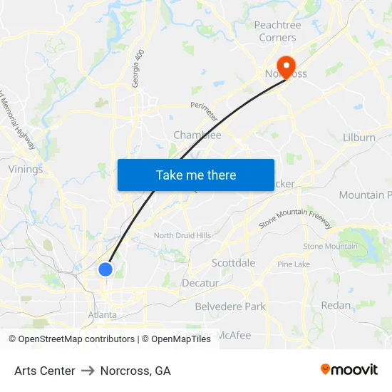 Arts Center to Norcross, GA map
