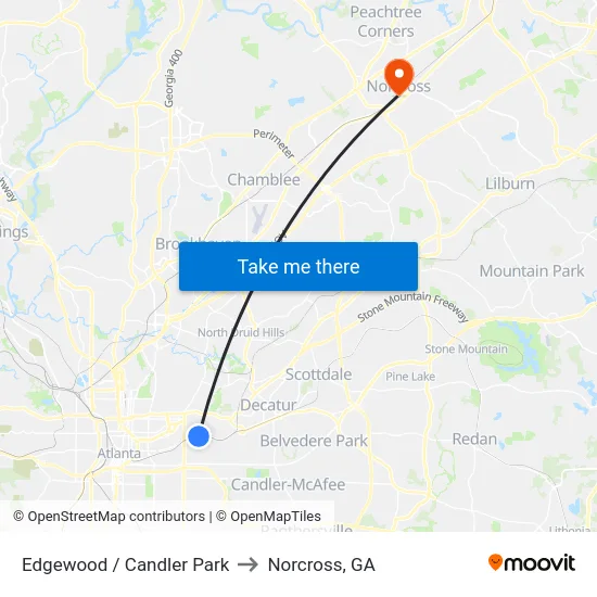 Edgewood / Candler Park to Norcross, GA map