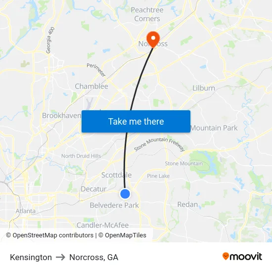 Kensington to Norcross, GA map