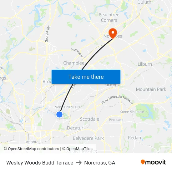 Wesley Woods Budd Terrace to Norcross, GA map