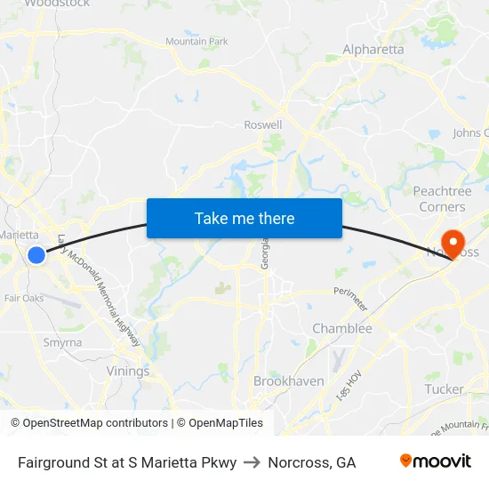 Fairground St at S Marietta Pkwy to Norcross, GA map