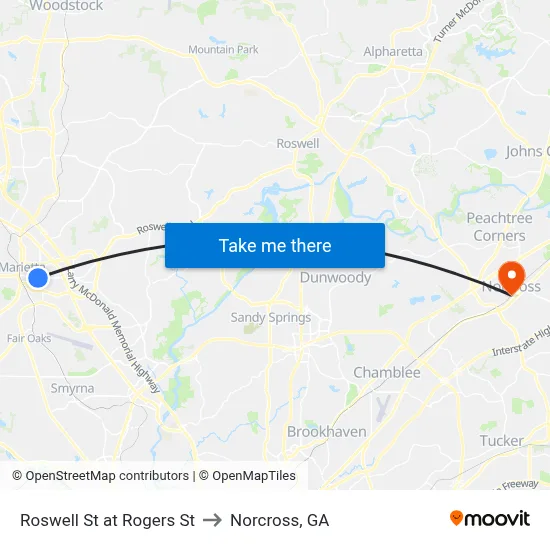 Roswell St at Rogers St to Norcross, GA map