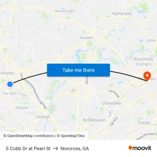 S Cobb Dr at Pearl St to Norcross, GA map