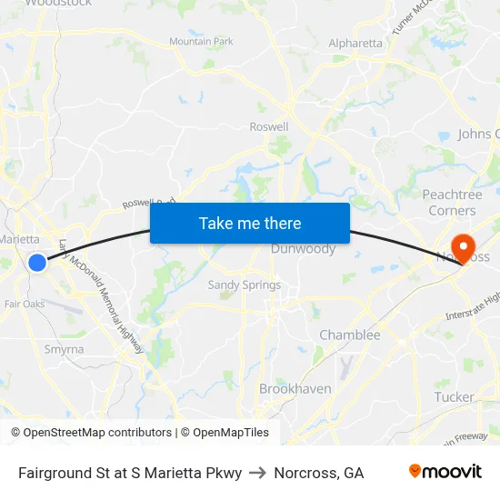Fairground St at S Marietta Pkwy to Norcross, GA map