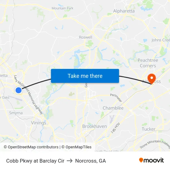 Cobb Pkwy at Barclay Cir to Norcross, GA map