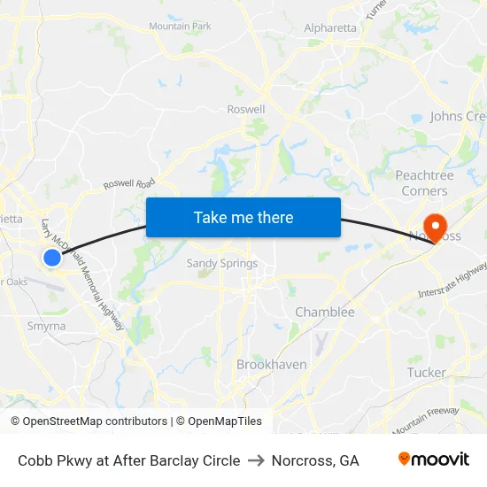 Cobb Pkwy at After Barclay Circle to Norcross, GA map