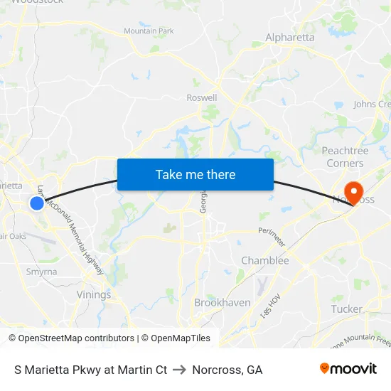 S Marietta Pkwy at Martin Ct to Norcross, GA map