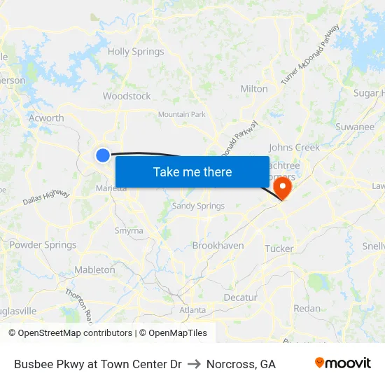 Busbee Pkwy at Town Center Dr to Norcross, GA map