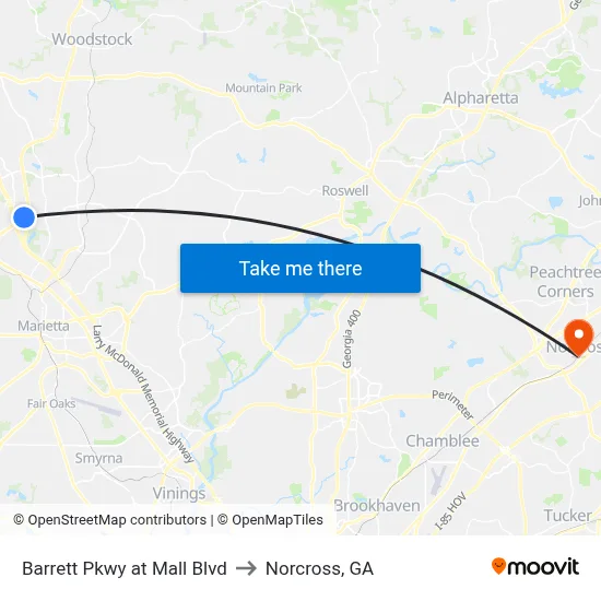 Barrett Pkwy at Mall Blvd to Norcross, GA map
