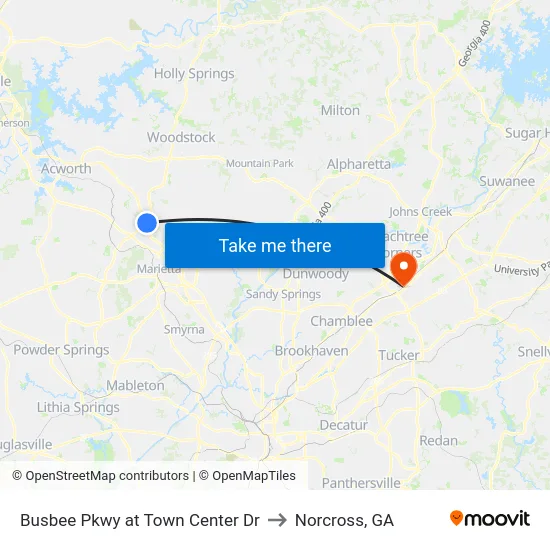 Busbee Pkwy at Town Center Dr to Norcross, GA map
