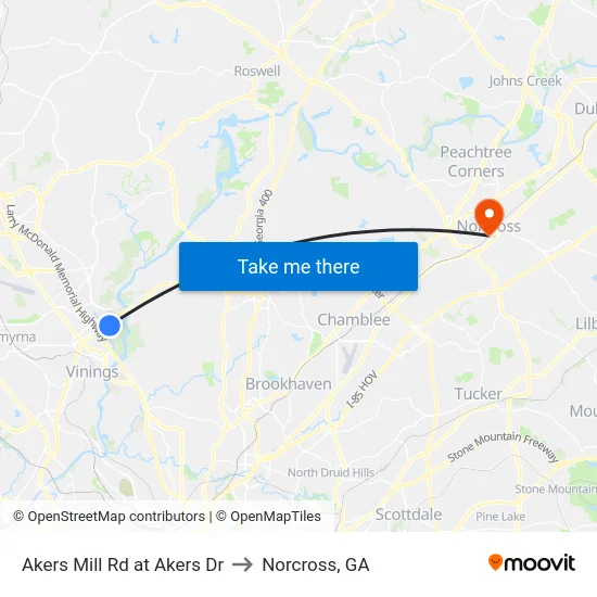 Akers Mill Rd at Akers Dr to Norcross, GA map