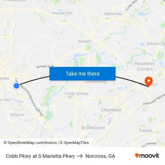 Cobb Pkwy at S Marietta Pkwy to Norcross, GA map