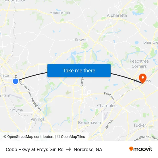 Cobb Pkwy at Freys Gin Rd to Norcross, GA map