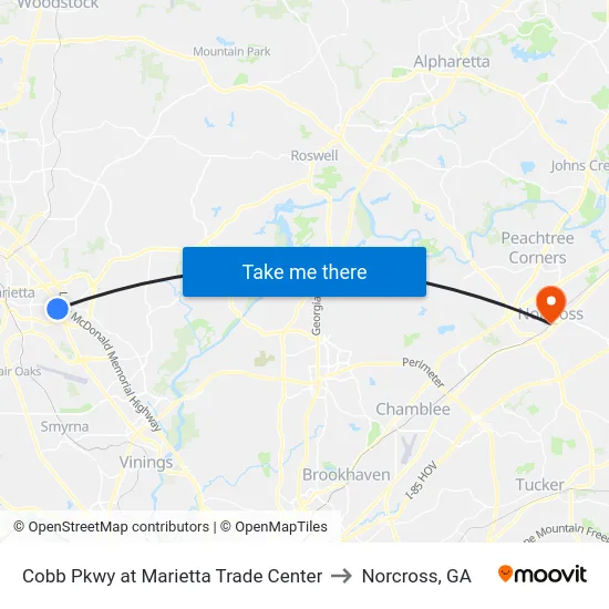 Cobb Pkwy at Marietta Trade Center to Norcross, GA map