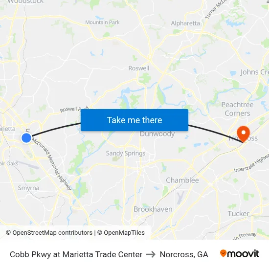 Cobb Pkwy at Marietta Trade Center to Norcross, GA map