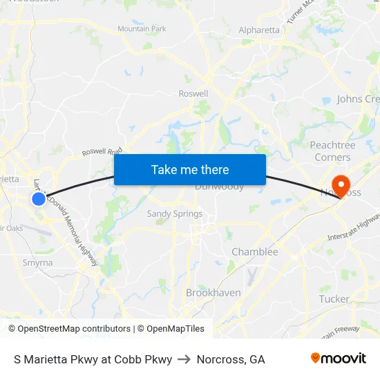 S Marietta Pkwy at Cobb Pkwy to Norcross, GA map