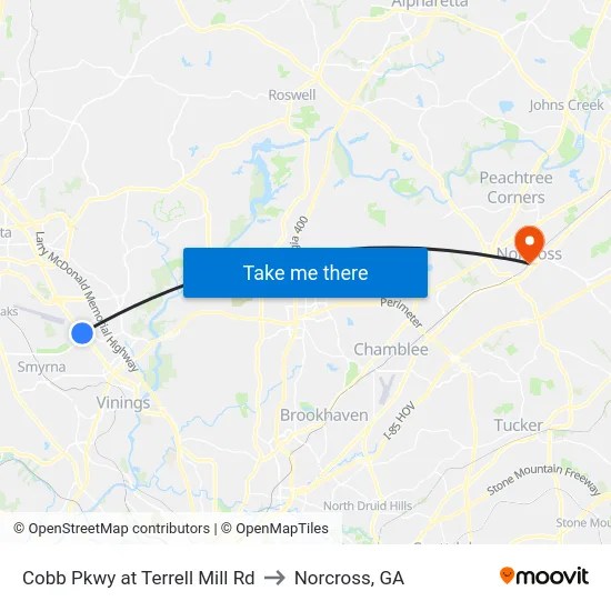 Cobb Pkwy at Terrell Mill Rd to Norcross, GA map