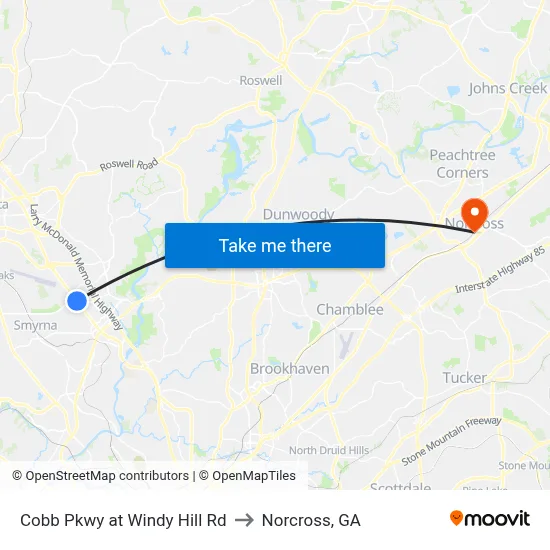 Cobb Pkwy at Windy Hill Rd to Norcross, GA map