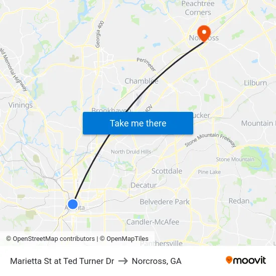 Marietta St at Ted Turner Dr to Norcross, GA map