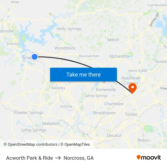 Acworth Park & Ride to Norcross, GA map