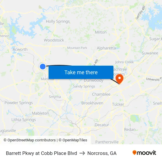Barrett Pkwy at Cobb Place Blvd to Norcross, GA map