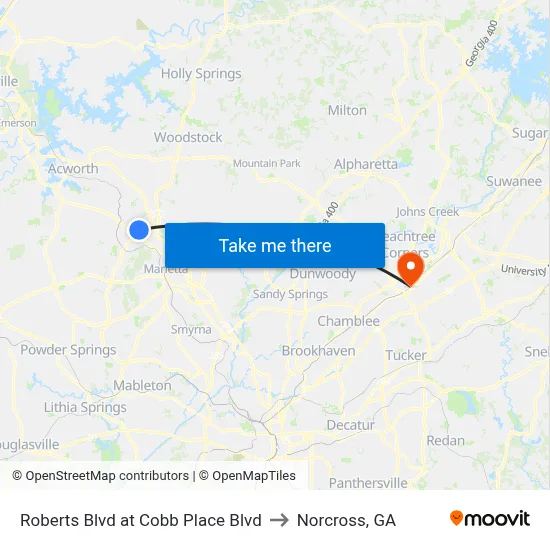 Roberts Blvd at Cobb Place Blvd to Norcross, GA map