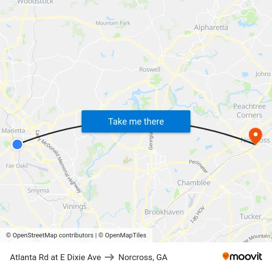 Atlanta Rd at E Dixie Ave to Norcross, GA map