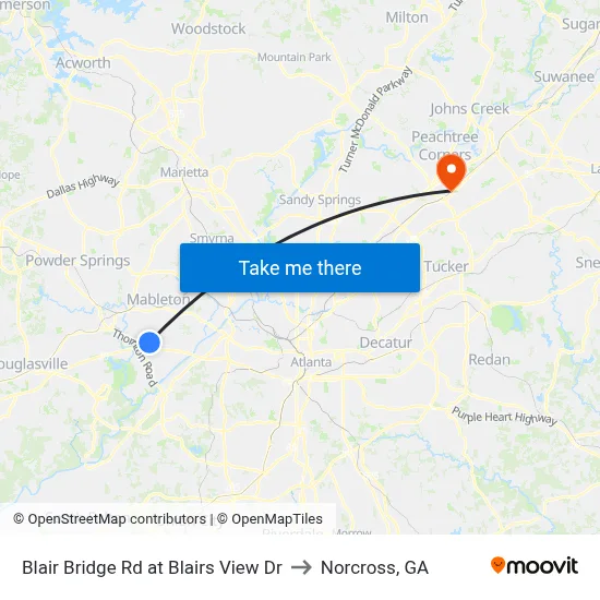 Blair Bridge Rd at Blairs View Dr to Norcross, GA map