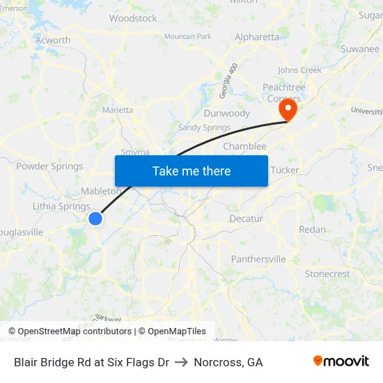 Blair Bridge Rd at Six Flags Dr to Norcross, GA map