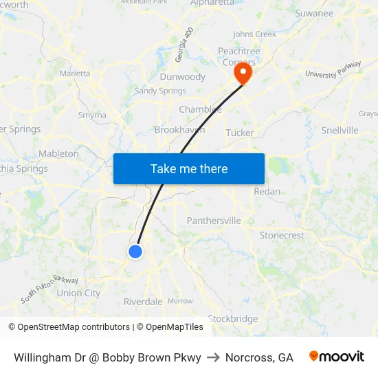 Willingham Dr @ Bobby Brown Pkwy to Norcross, GA map