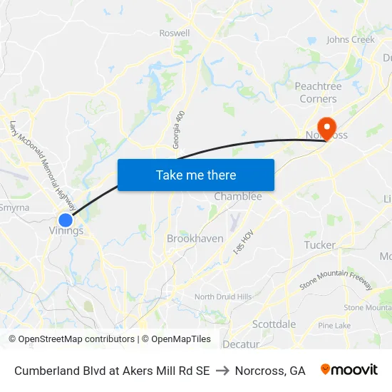 Cumberland Blvd at Akers Mill Rd SE to Norcross, GA map