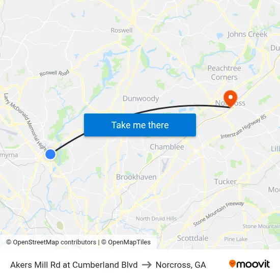Akers Mill Rd at Cumberland Blvd to Norcross, GA map
